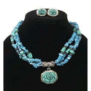 MX Michael Morrison Turquoise Strand Rose Pendant Necklace Clip Earring Set